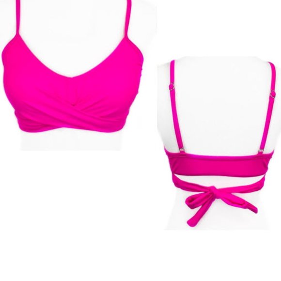 NEW Hot Pink Slenderizing Silhouette Padded Tie Back Faux Wrap Bikini Top S - Picture 1 of 5
